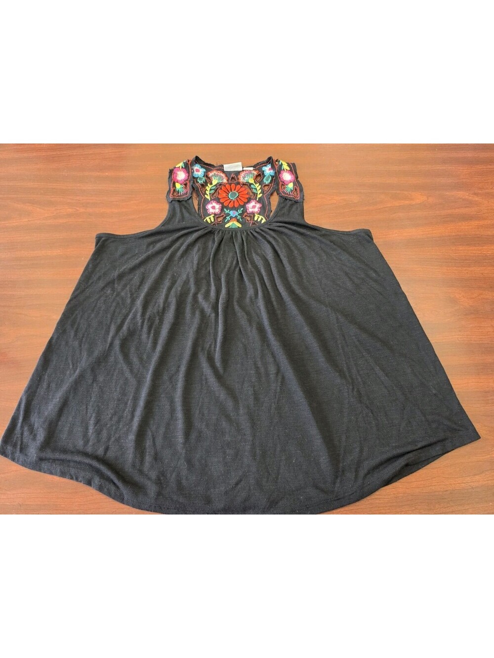 Womens XL Black Tank Top Colorful Floral Embroidery Boho Festival Summer Cato